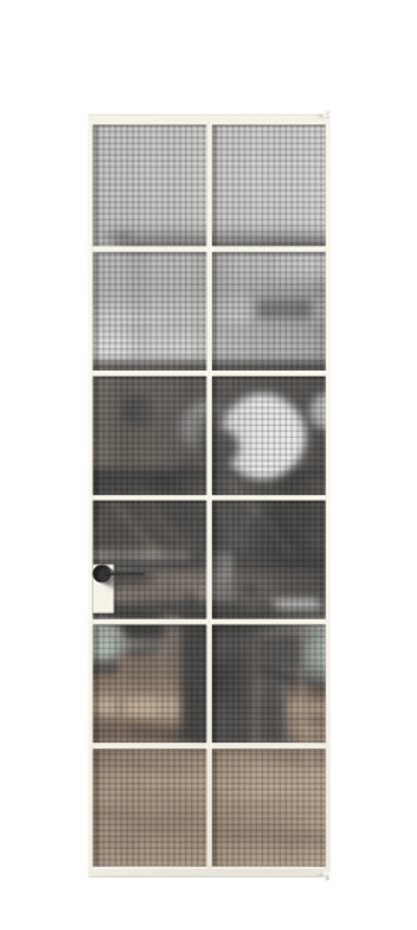 Алюминиевая дверь АЛПЛ040.05 Алюминий пудровый белый Декоративное стекло с сеткой "Mesh silver", триплекс Цена 7030  | Volhovec