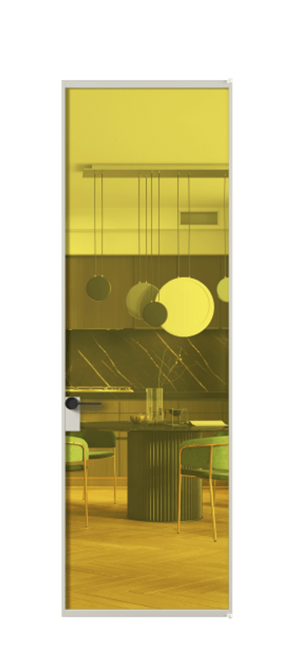Алюминиевая дверь АЛПЛ040.01 Алюминий тёплый серый Прозрачное жёлтое стекло, триплекс Цена 7180  | Volhovec