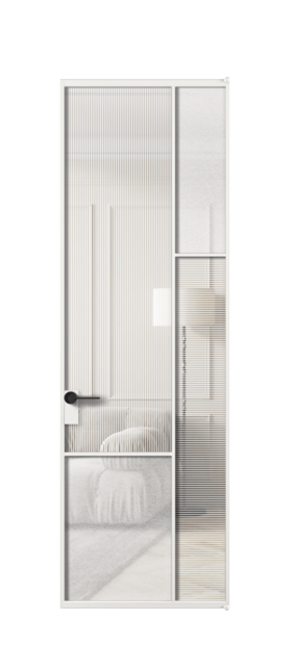 Межкомнатная дверь Mosaic АЛПЛ041.12 Алюминий белоснежный Рифлёное стекло "Дюна", триплекс, 6 мм + Фактурное стекло "Лёд", триплекс Цена 9060 AZE | Volhovec
