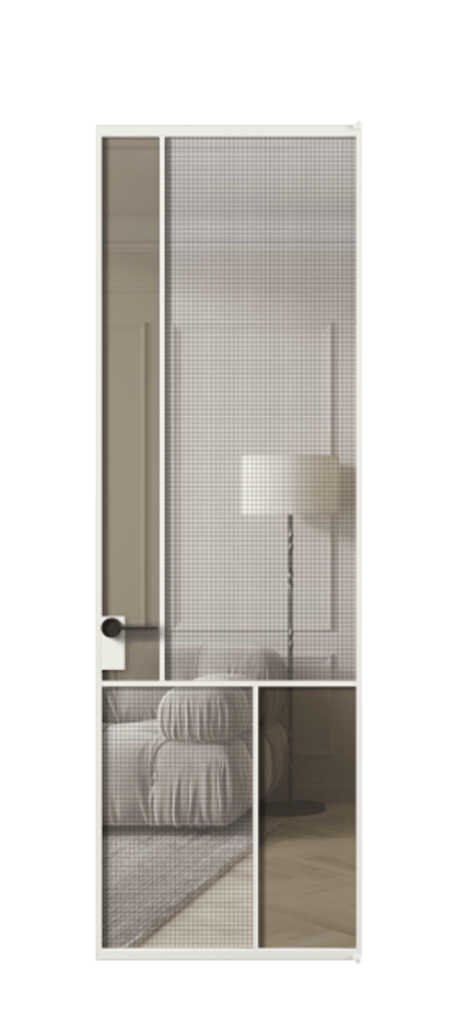 Межкомнатная дверь Mosaic АЛПЛ041.20 Алюминий светло-серый Декоративное стекло с сеткой "Mesh silver", триплекс, 6 мм + Прозрачное бронзовое стекло, триплекс Цена 33716270 so'm | Volhovec