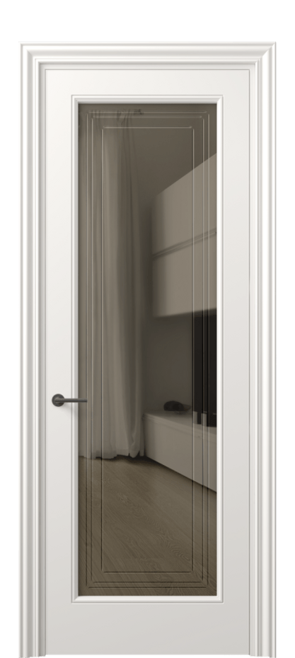 Межкомнатная дверь Mascot 8400 Матовый пудровый белый Прозрачное бронзовое стекло с гравировкой "Грани", триплекс Цена 69959 ₽ | Volhovec