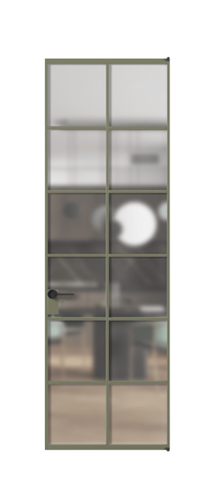 Алюминиевая дверь АЛПЛ040.05 Алюминий оливковый тёмный Сатинированное стекло "Matelux Crystal Vision", калёное, матовое, каленое 6 мм Цена 8210  | Volhovec