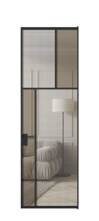 Межкомнатная дверь Mosaic АЛПЛ041.22 Алюминий Черный Декоративное стекло с сеткой "Mesh silver", триплекс, 6 мм + Прозрачное бронзовое стекло, триплекс Цена 8660 AZE | Volhovec