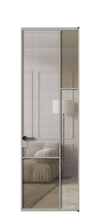 Межкомнатная дверь Mosaic АЛПЛ041.12 Алюминий нейтральный серый Декоративное стекло с сеткой "Mesh silver", триплекс, 6 мм + Прозрачное бронзовое стекло, триплекс Цена 8960 AZE | Volhovec