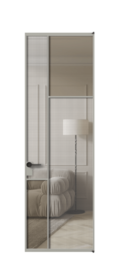 Межкомнатная дверь Mosaic АЛПЛ041.11 Алюминий нейтральный серый Декоративное стекло с сеткой "Mesh silver", триплекс, 6 мм + Прозрачное бронзовое стекло, триплекс Цена 8960 AZE | Volhovec