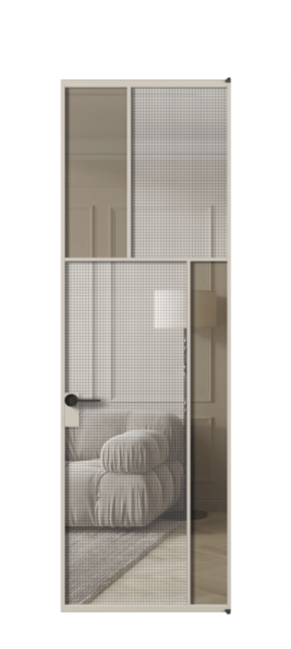 Межкомнатная дверь Mosaic АЛПЛ041.23 Алюминий светло-бежевый Декоративное стекло с сеткой "Mesh silver", триплекс, 6 мм + Прозрачное бронзовое стекло, триплекс Цена 8660 AZE | Volhovec