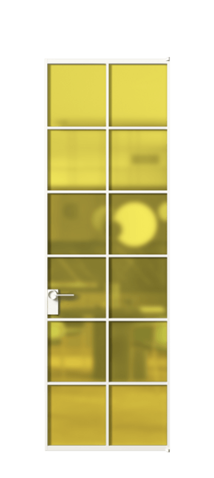 Алюминиевая дверь АЛПЛ040.05 Алюминий Белый Сатинированное жёлтое стекло, триплекс Цена 6490  | Volhovec