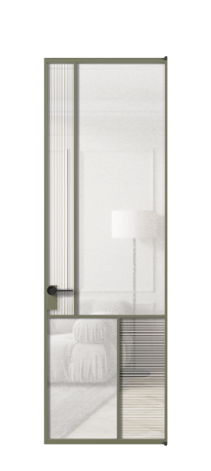 Межкомнатная дверь Mosaic АЛПЛ041.20 Алюминий оливковый тёмный Рифлёное стекло "Дюна", триплекс, 6 мм + Фактурное стекло "Лёд", триплекс Цена 9060 AZE | Volhovec