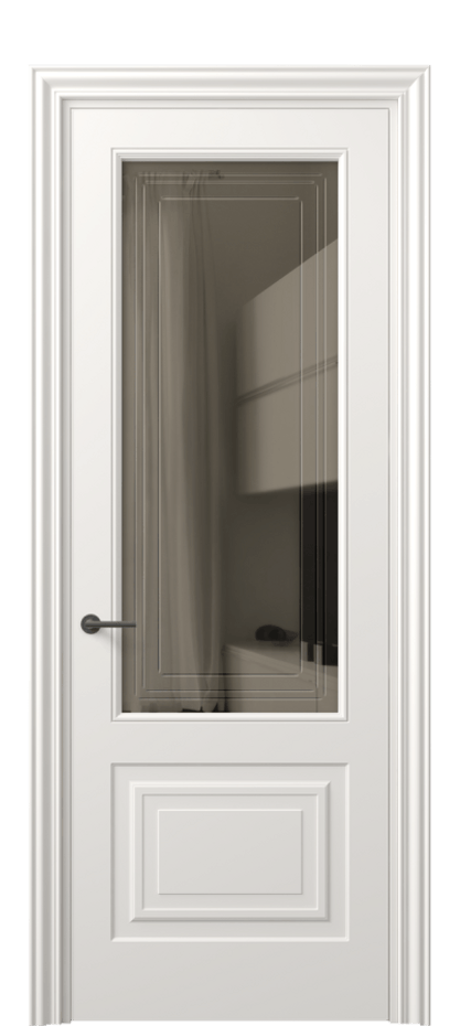 Межкомнатная дверь Маскот 8452 Матовый пудровый белый Прозрачное бронзовое стекло с гравировкой "Грани", триплекс Цена 82499 ₽ | Volhovec