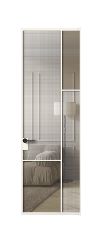 Межкомнатная дверь Mosaic АЛПЛ041.12 Алюминий пудровый белый Декоративное стекло с сеткой "Mesh silver", триплекс, 6 мм + Прозрачное бронзовое стекло, триплекс Цена 8960 AZE | Volhovec