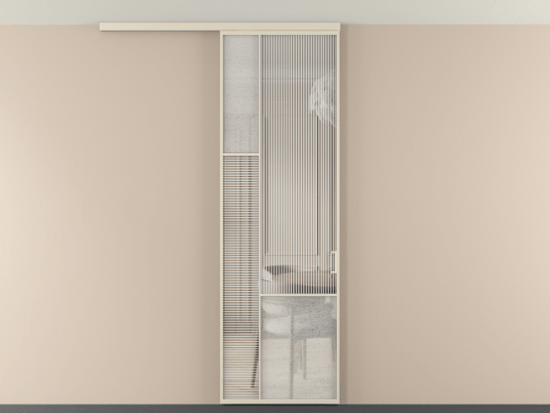 Перегородка Мозаик вдоль стены на потолок 1 створка АЛПР 041.13 Алюминий бежево-серый Рифлёное стекло "Дюна", триплекс, 6 мм + Фактурное стекло "Лёд", триплекс Цена 7460 AZE | Volhovec