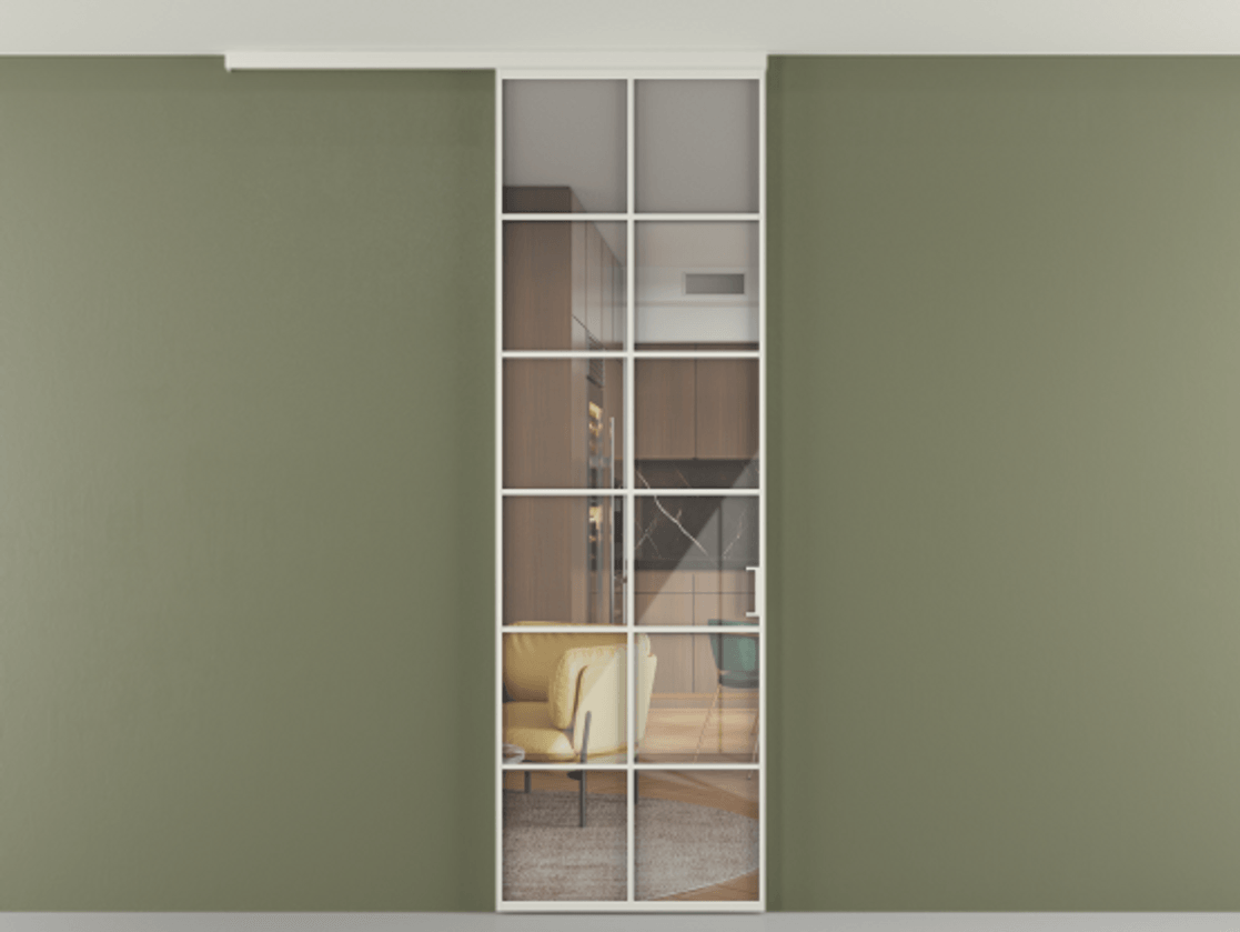 Перегородка Формато вдоль стены на потолок 1 створка АЛПР 040.05 Алюминий Белый Рефлективное прозрачное стекло "Стопсол", калёное Цена 6720 AZE | Volhovec