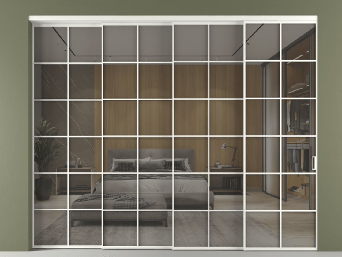 Перегородка Формато внутри проёма 4 створки с синхронным механизмом АЛПР 040.05 Алюминий светло-серый Рефлективное серое стекло "Стопсол", калёное Цена 26810 AZE | Volhovec