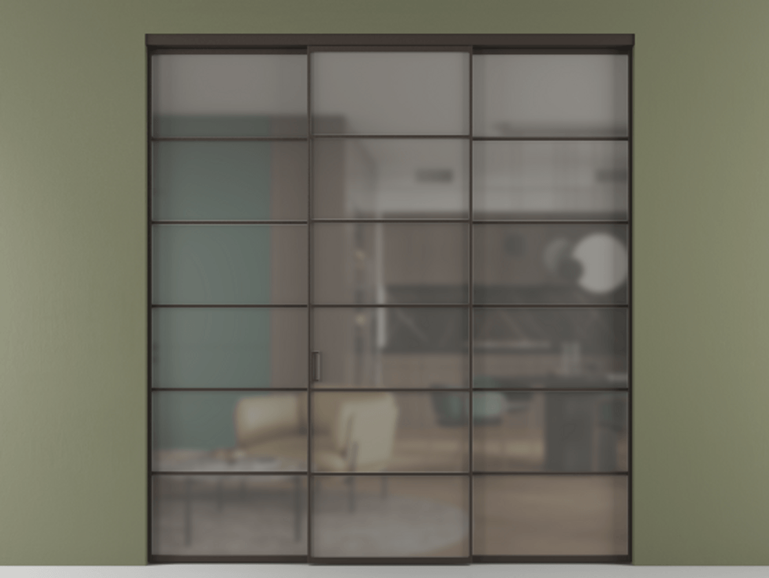 Перегородка Формато внутри проёма 3 створки АЛПР 040.04 Алюминий антрацит Сатинированное серое стекло, триплекс Цена 13280 AZE | Volhovec