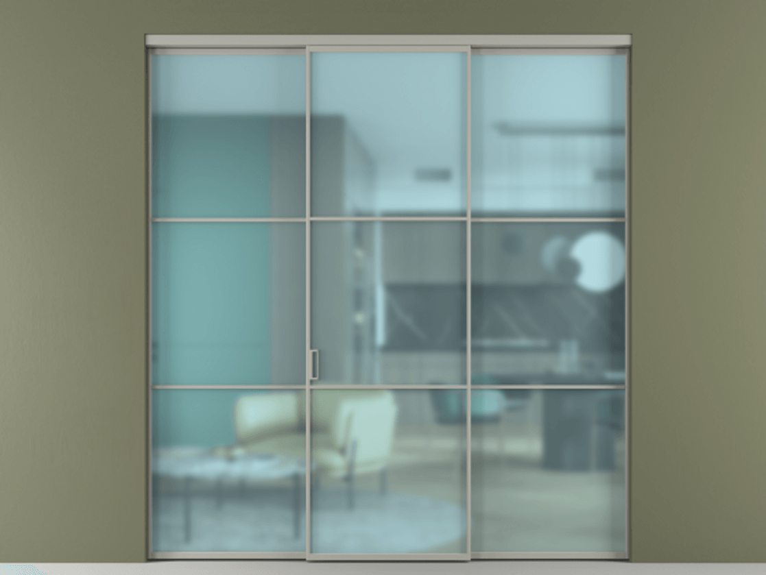 Перегородка Формато внутри проёма 3 створки АЛПР 040.03 Алюминий нейтральный серый Сатинированное голубое стекло, триплекс Цена 12400 AZE | Volhovec