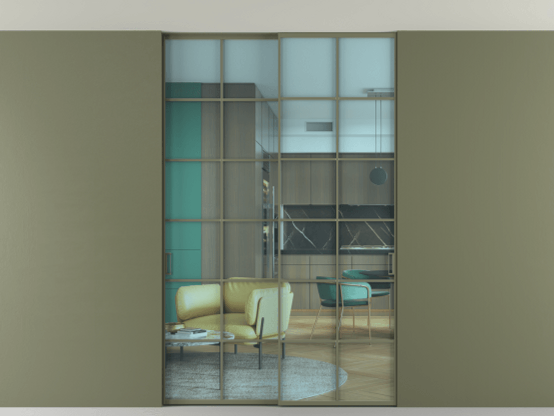 Перегородка Formato внутри проёма двустворчатая со скрытым креплением в потолок АЛПР 040.05 Алюминий оливковый тёмный Прозрачное голубое стекло, триплекс Цена 270204 ₽ | Volhovec