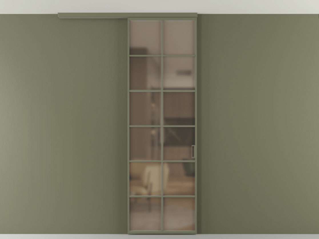 Перегородка Формато вдоль стены на потолок 1 створка АЛПР 040.05 Алюминий оливковый тёмный Сатинированное бронзовое стекло, триплекс Цена 6570 AZE | Volhovec