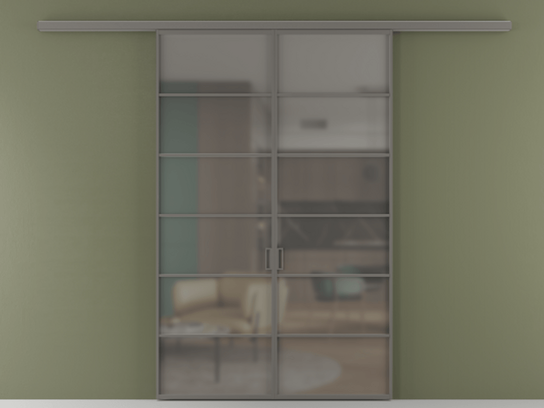 Перегородка Формато вдоль стены 2 створки АЛПР 040.04 Алюминий классический серый Сатинированное серое стекло, триплекс Цена 10800 AZE | Volhovec