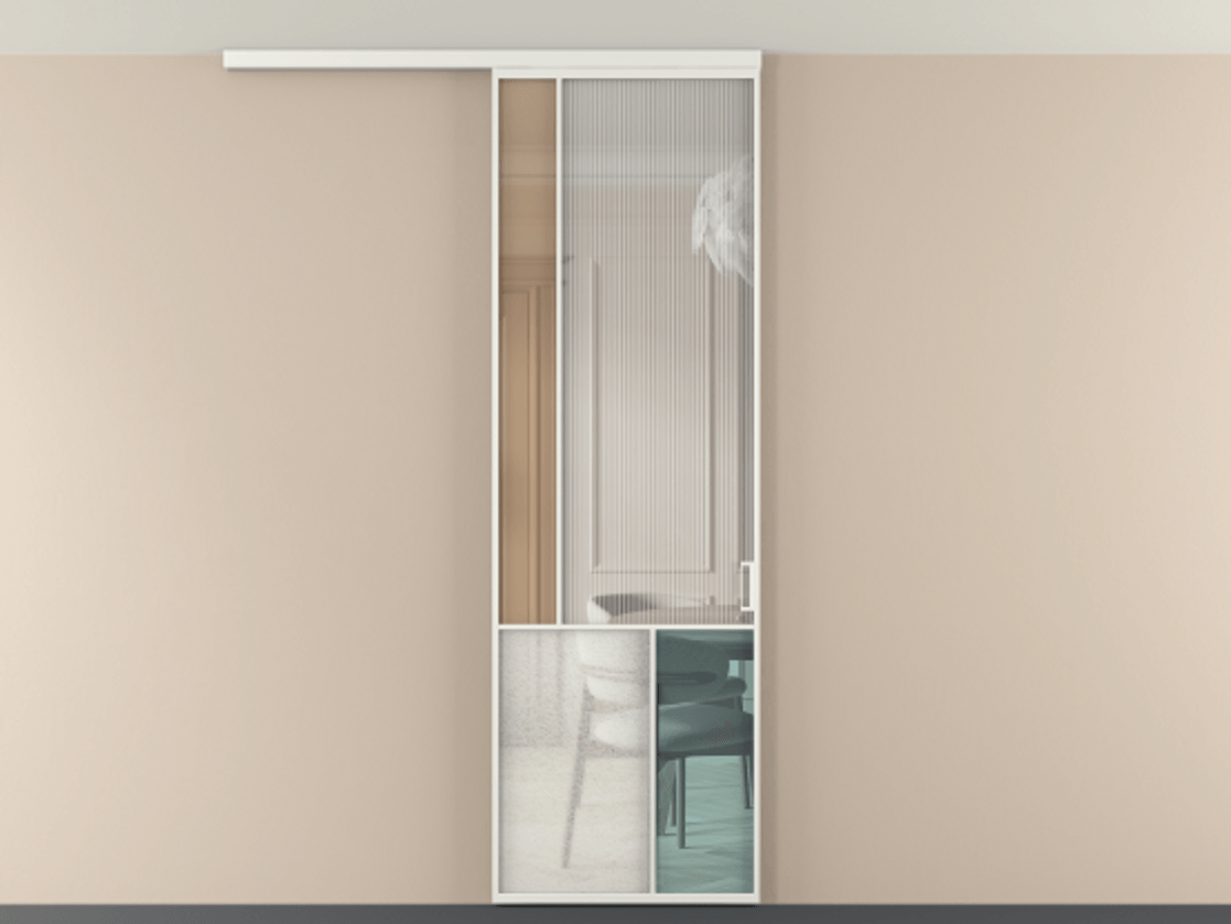 Перегородка Мозаик вдоль стены на потолок 1 створка АЛПР 041.20 Алюминий светло-серый Комбинация стекол Группы 1 и Группы 3 Цена 7400 AZE | Volhovec