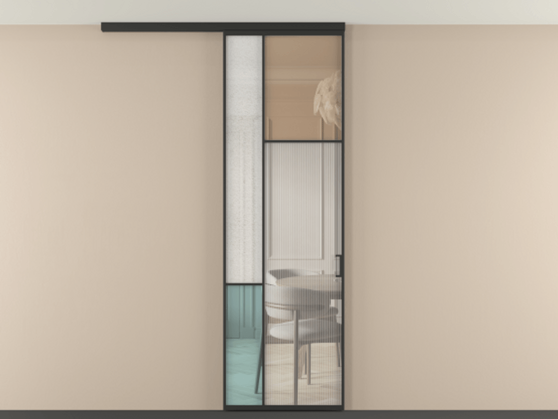 Перегородка Мозаик вдоль стены на потолок 1 створка АЛПР 041.11 Алюминий Черный Комбинация стекол Группы 1 и Группы 3 Цена 7100 AZE | Volhovec