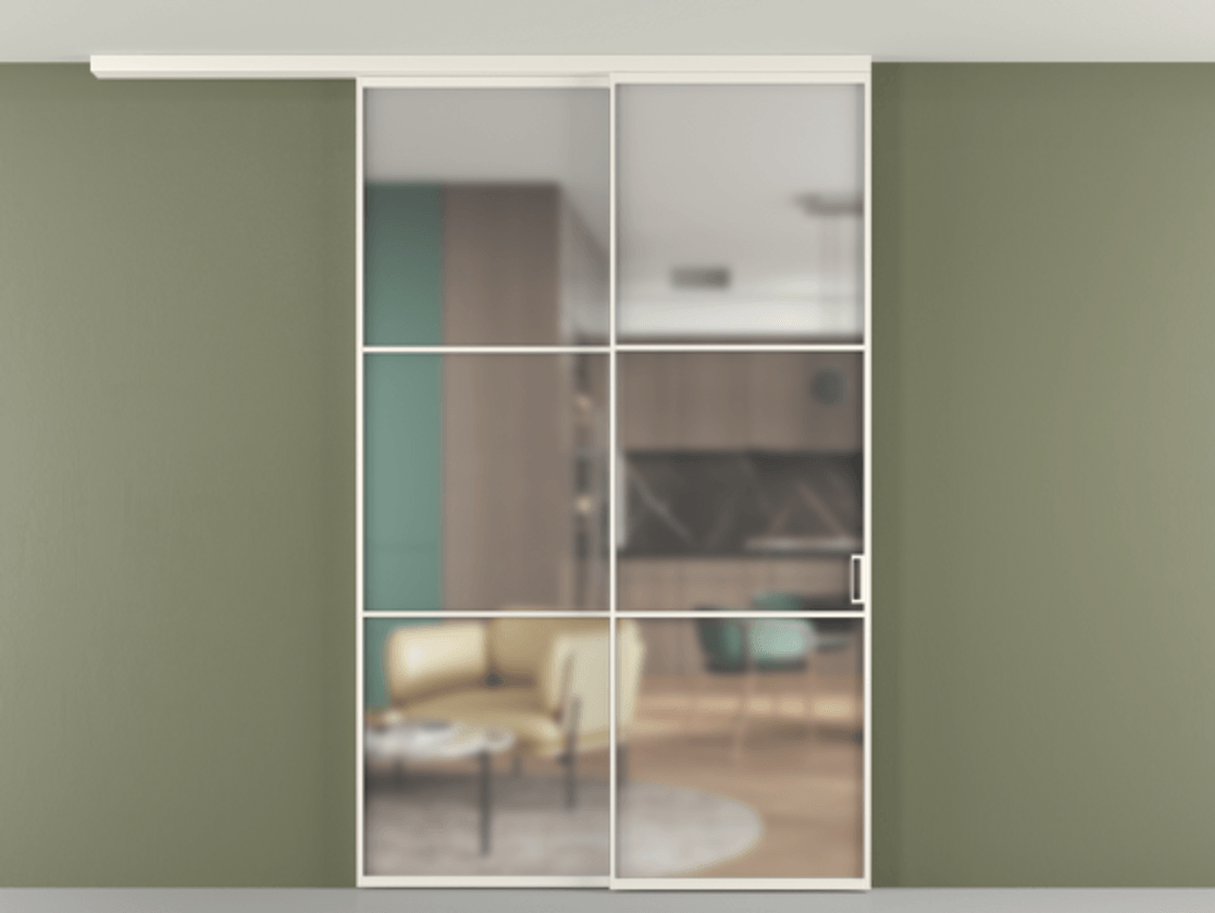 Перегородка Формато вдоль стены на потолок 2 створки с синхронным механизмом АЛПР 040.03 Алюминий пудровый белый Сатинированное стекло "Мателюкс Кристал Вижн", калёное, матовое, каленое 6 мм Цена 17050 AZE | Volhovec