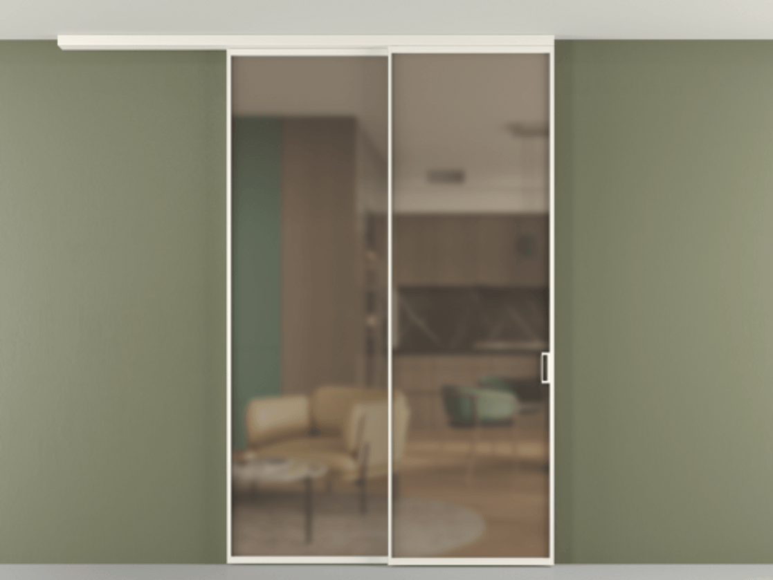 Перегородка Формато вдоль стены на потолок 2 створки с синхронным механизмом АЛПР 040.01 Алюминий пудровый белый Сатинированное бронзовое стекло, триплекс Цена 15590 AZE | Volhovec