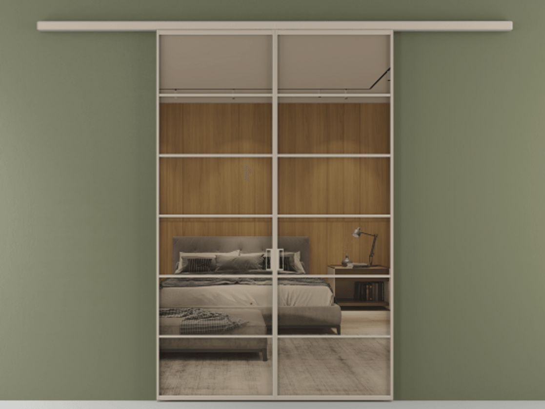 Перегородка Формато вдоль стены 2 створки АЛПР 040.04 Алюминий бисквитный Рефлективное бронзовое стекло "Стопсол", калёное Цена 13790 AZE | Volhovec