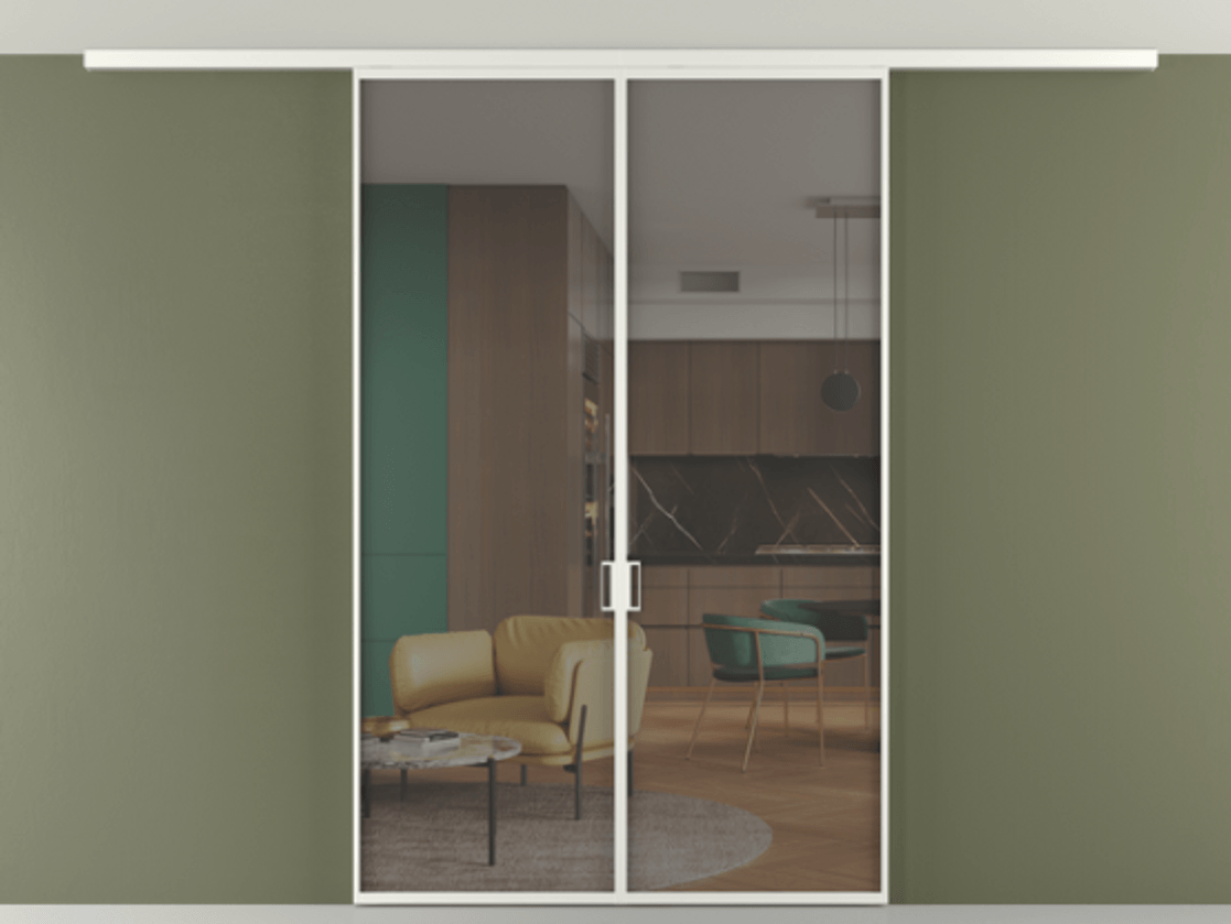 Перегородка Формато вдоль стены на потолок 2 створки АЛПР 040.01 Алюминий светло-серый Прозрачное серое стекло, триплекс Цена 11260 AZE | Volhovec