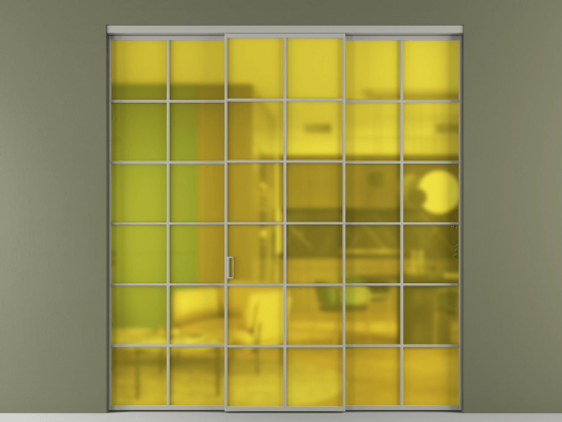 Перегородка Формато внутри проёма 3 створки АЛПР 040.05 Алюминий нейтральный серый Сатинированное жёлтое стекло, триплекс Цена 13300 AZE | Volhovec