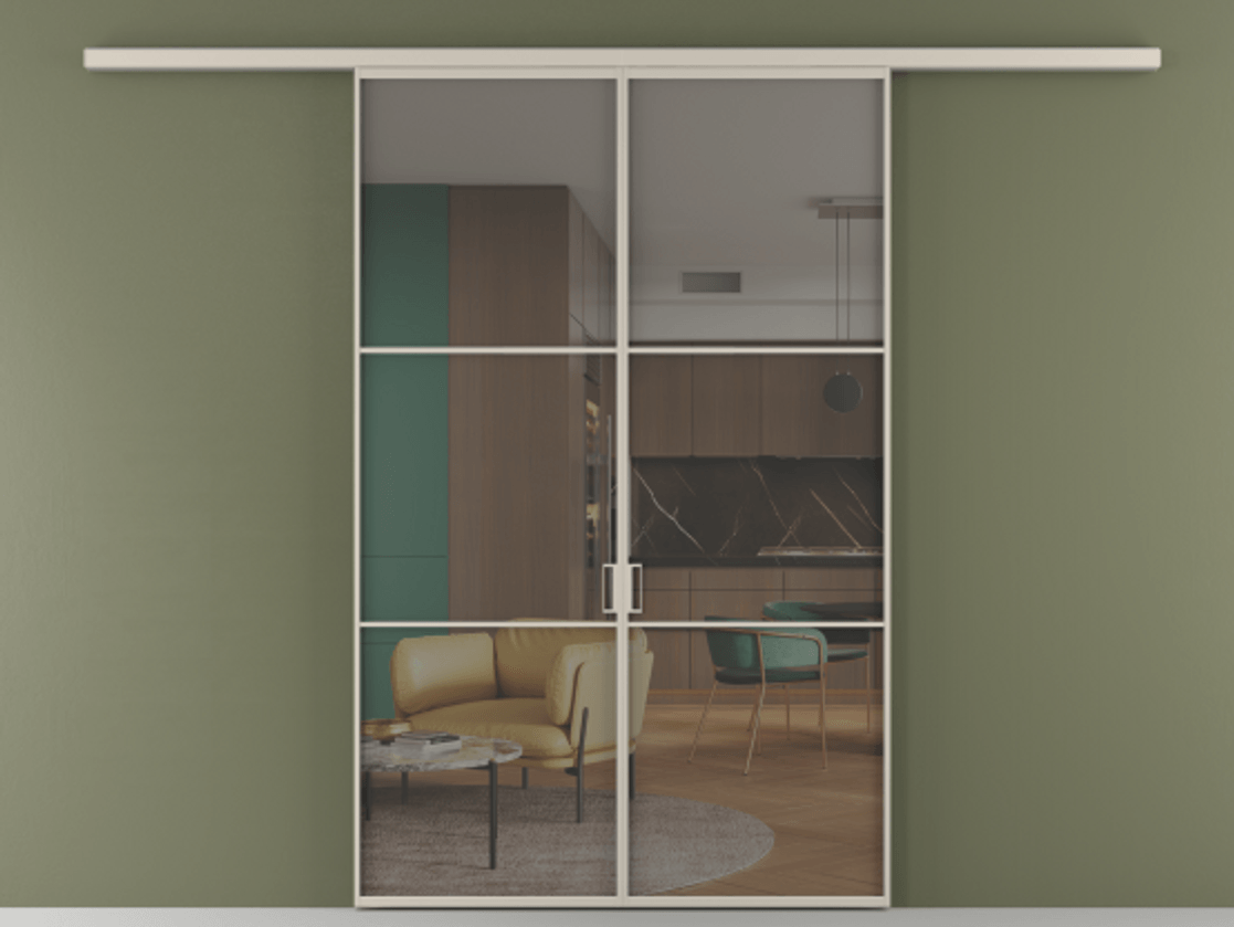 Перегородка Формато вдоль стены 2 створки АЛПР 040.03 Алюминий светло-бежевый Прозрачное серое стекло, триплекс Цена 10190 AZE | Volhovec