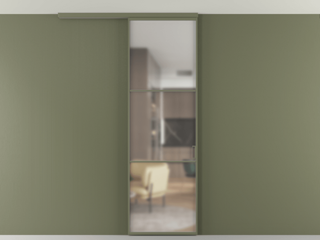 Перегородка Формато вдоль стены на потолок 1 створка АЛПР 040.03 Алюминий оливковый тёмный Сатинированное стекло "Мателюкс Кристал Вижн", калёное, матовое, каленое 6 мм Цена 5600 AZE | Volhovec