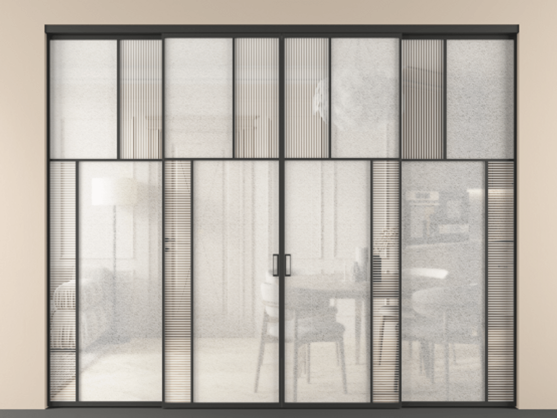 Перегородка Mosaic внутри проёма 4 створки АЛПР 041.23 Алюминий Черный Рифлёное стекло "Дюна", триплекс, 6 мм + Фактурное стекло "Лёд", триплекс. Скрытый короб ЧЕР Цена 24710 AZE . Фабрика дверей Волховец 8 (800) 551 43 19 Перегородка Mosaic внутри проёма 4 створки АЛПР 041.23 Алюминий Черный Рифлёное стекло "Дюна", триплекс, 6 мм + Фактурное стекло "Лёд", триплекс Цена 24710 AZE | Volhovec