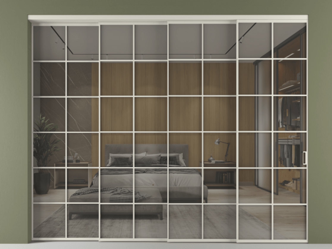 Перегородка Формато внутри проёма 4 створки с синхронным механизмом АЛПР 040.05 Алюминий тёплый серый Рефлективное серое стекло "Стопсол", калёное Цена 26810 AZE | Volhovec