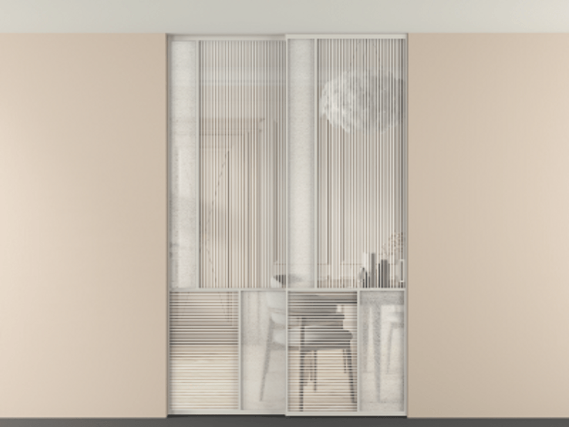 Перегородка Мозаик внутри проёма скрытое крепление в потолок 2 створки АЛПР 041.20 Алюминий тёплый серый Рифлёное стекло "Дюна", триплекс, 6 мм + Фактурное стекло "Лёд", триплекс. Цена 17750 AZE . Фабрика дверей Волховец 8 (800) 551 43 19 Перегородка Мозаик внутри проёма скрытое крепление в потолок 2 створки АЛПР 041.20 Алюминий тёплый серый Рифлёное стекло "Дюна", триплекс, 6 мм + Фактурное стекло "Лёд", триплекс Цена 17750 AZE | Volhovec