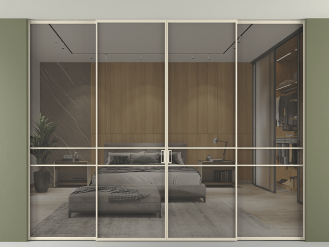 Перегородка Формато внутри проёма скрытое крепление в потолок 4 створки АЛПР 040.02 Алюминий бежево-серый Рефлективное серое стекло "Стопсол", калёное Цена 28940 AZE | Volhovec