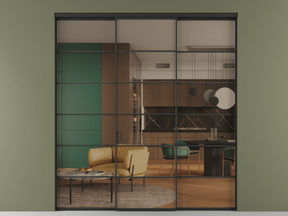 Перегородка Формато внутри проёма 3 створки АЛПР 040.04 Алюминий Черный Прозрачное бронзовое стекло, триплекс Цена 12750 AZE | Volhovec