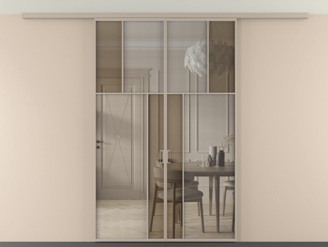 Перегородка Mosaic вдоль стены на потолок двустворчатая АЛПР 041.22 Алюминий бисквитный Декоративное стекло с сеткой "Mesh silver", триплекс, 6 мм + Прозрачное бронзовое стекло, триплекс, 6 мм Цена 13550 AZE | Volhovec