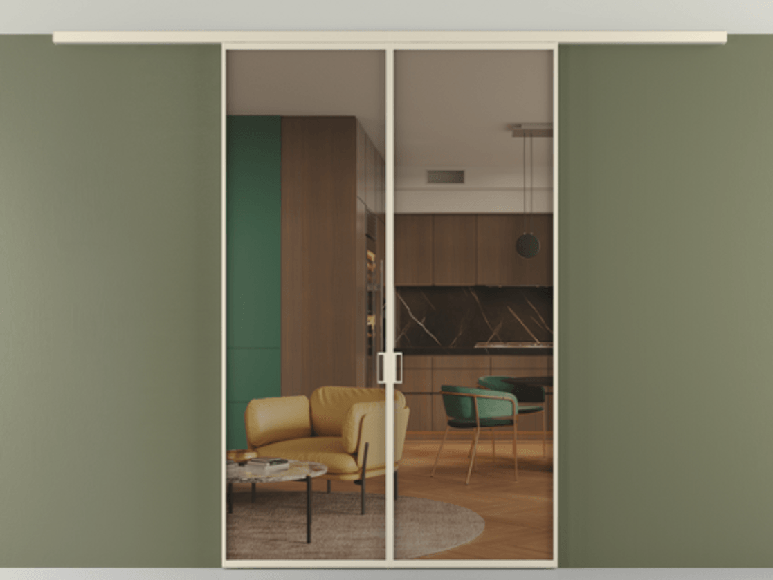 Перегородка Формато вдоль стены на потолок 2 створки АЛПР 040.01 Алюминий бежево-серый Прозрачное бронзовое стекло, триплекс Цена 11260 AZE | Volhovec