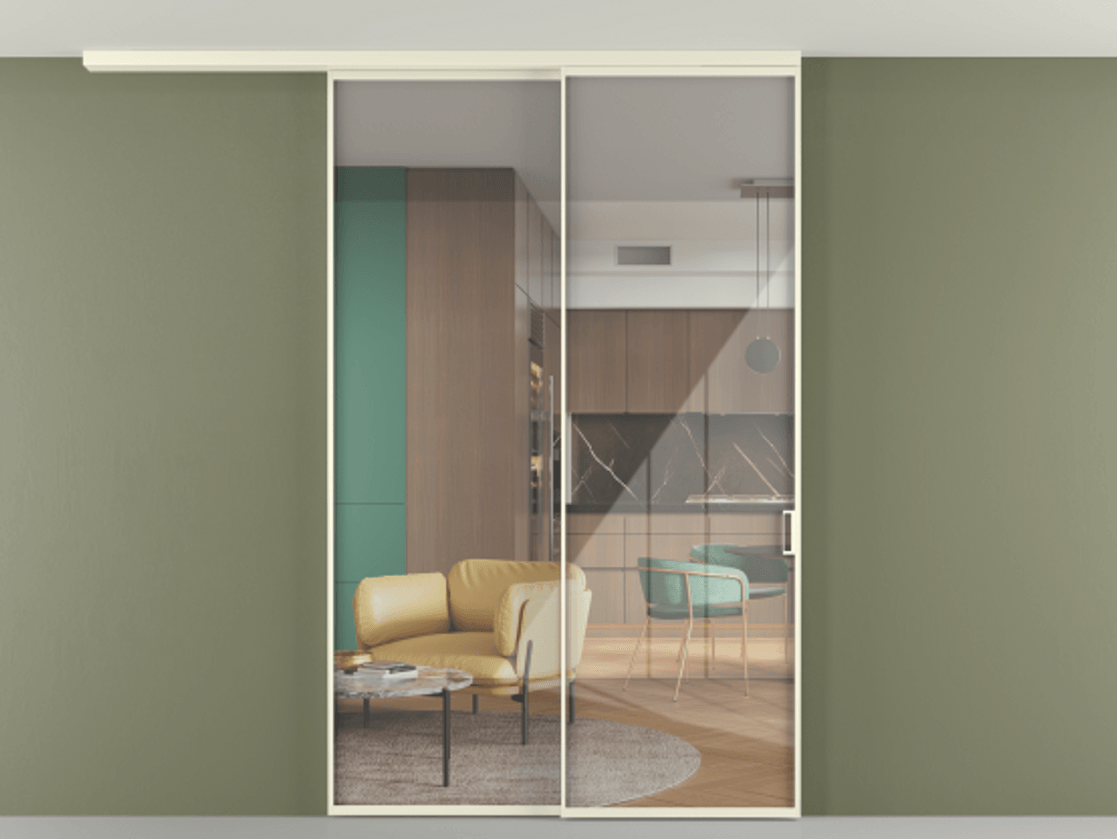 Перегородка Формато вдоль стены на потолок 2 створки с синхронным механизмом АЛПР 040.01 Алюминий молочно-белый Рефлективное прозрачное стекло "Стопсол", калёное Цена 14660 AZE | Volhovec