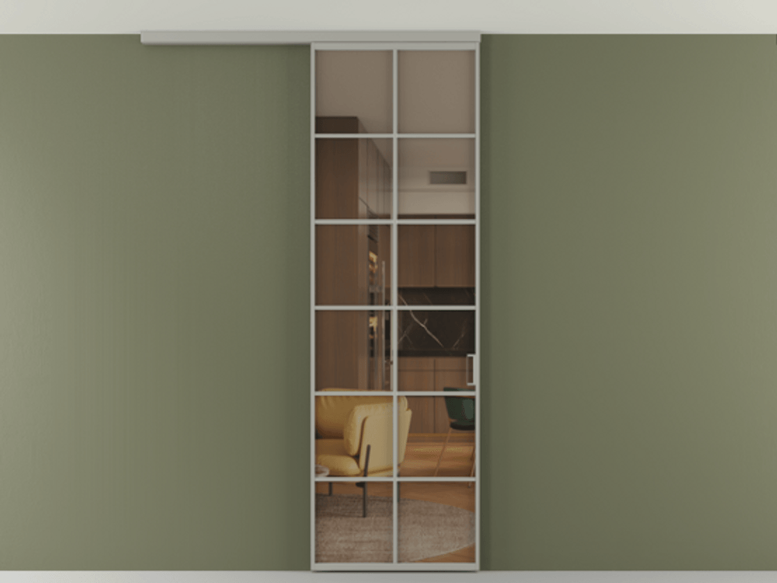 Перегородка Формато вдоль стены на потолок 1 створка АЛПР 040.05 Алюминий нейтральный серый Прозрачное бронзовое стекло, триплекс Цена 5620 AZE | Volhovec