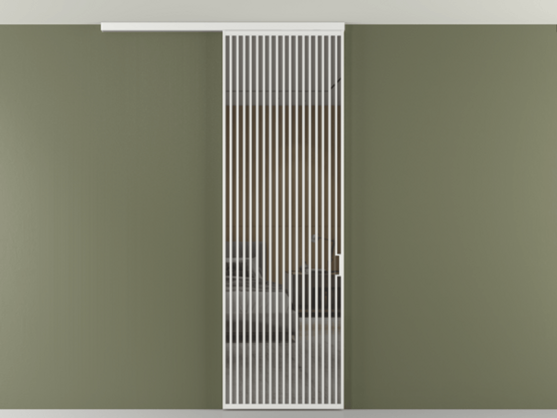 Перегородка Формато вдоль стены на потолок 1 створка АЛПР 040.06 Алюминий белоснежный Рефлективное серое стекло "Стопсол", калёное Цена 193628 ₽ | Volhovec