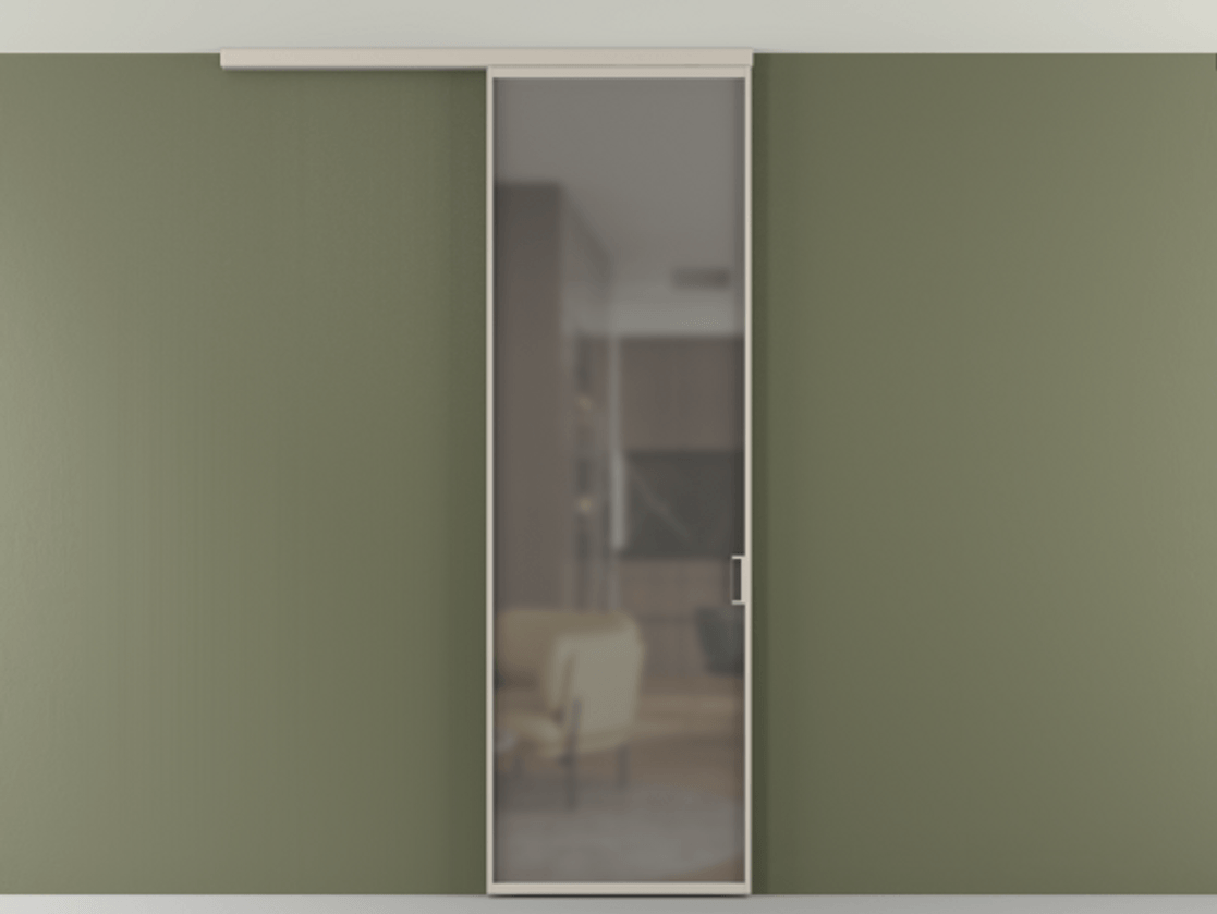 Перегородка Формато вдоль стены на потолок 1 створка АЛПР 040.01 Алюминий светло-бежевый Сатинированное серое стекло, триплекс Цена 4820 AZE | Volhovec