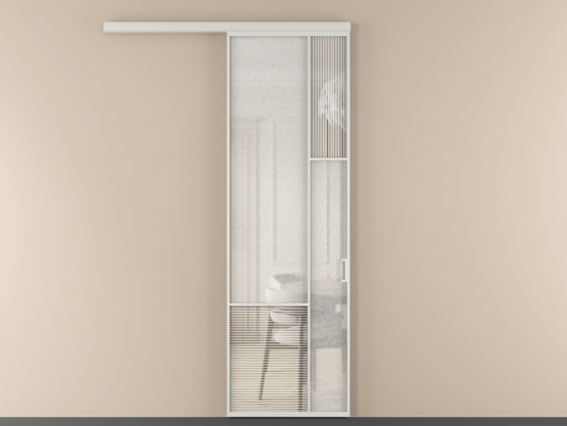 Перегородка Mosaic вдоль стены 1 створка АЛПР 041.12 Алюминий Белый Рифлёное стекло "Дюна", триплекс, 6 мм + Фактурное стекло "Лёд", триплекс Цена 7270 AZE | Volhovec