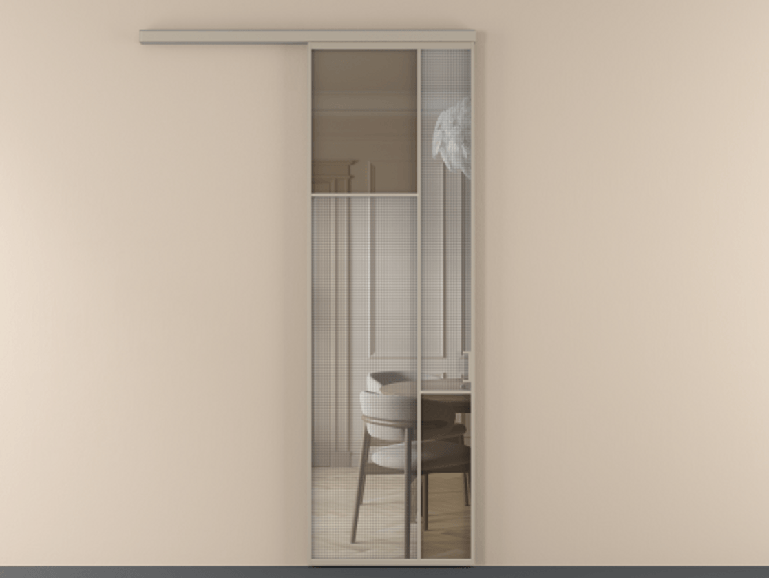 Перегородка Mosaic вдоль стены 1 створка АЛПР 041.10 Алюминий бисквитный Декоративное стекло с сеткой "Mesh silver", триплекс, 6 мм + Прозрачное бронзовое стекло, триплекс Цена 7460 AZE | Volhovec