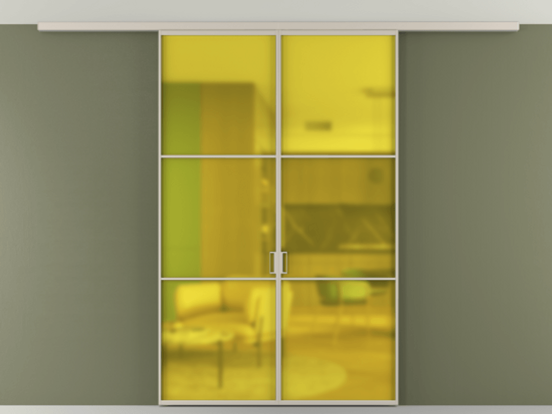 Перегородка Формато вдоль стены на потолок 2 створки АЛПР 040.03 Алюминий светло-бежевый Сатинированное жёлтое стекло, триплекс Цена 9700 AZE | Volhovec