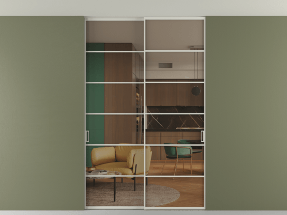 Перегородка Формато внутри проёма скрытое крепление в потолок 2 створки АЛПР 040.04 Алюминий тёплый серый Прозрачное бронзовое стекло, триплекс Цена 13610 AZE | Volhovec