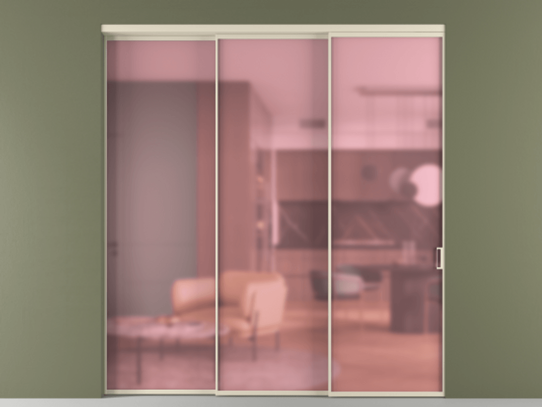 Перегородка Formato внутри проёма 3 створки с синхронным механизмом АЛПР 040.01 Алюминий бежево-серый Сатинированное розовое стекло, триплекс Цена 19500 AZE  | Volhovec