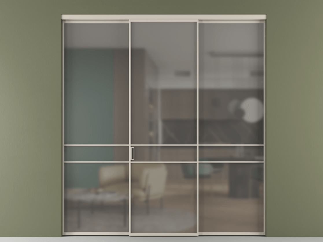 Перегородка Формато внутри проёма 3 створки АЛПР 040.02 Алюминий светло-бежевый Сатинированное серое стекло, триплекс Цена 12370 AZE | Volhovec