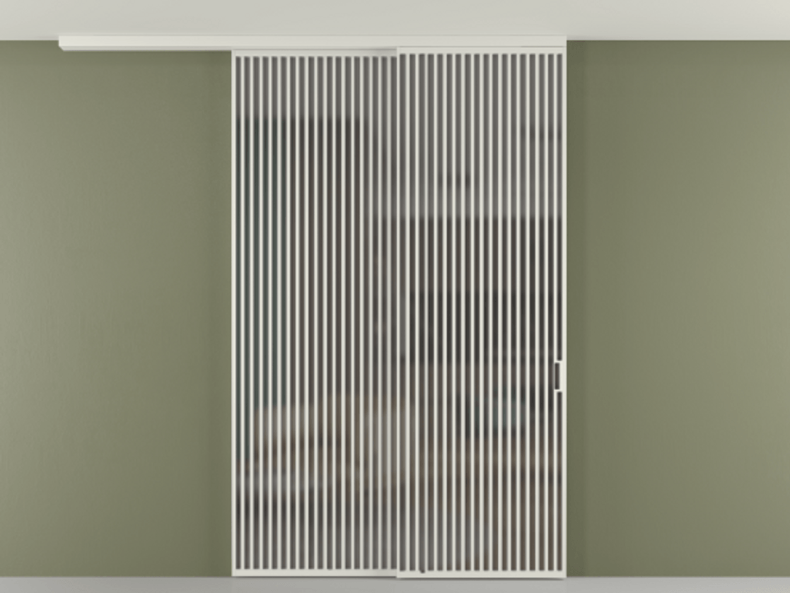 Перегородка Формато вдоль стены на потолок 2 створки с синхронным механизмом АЛПР 040.06 Алюминий серый Сатинированное серое стекло, триплекс Цена 450456 ₽ | Volhovec