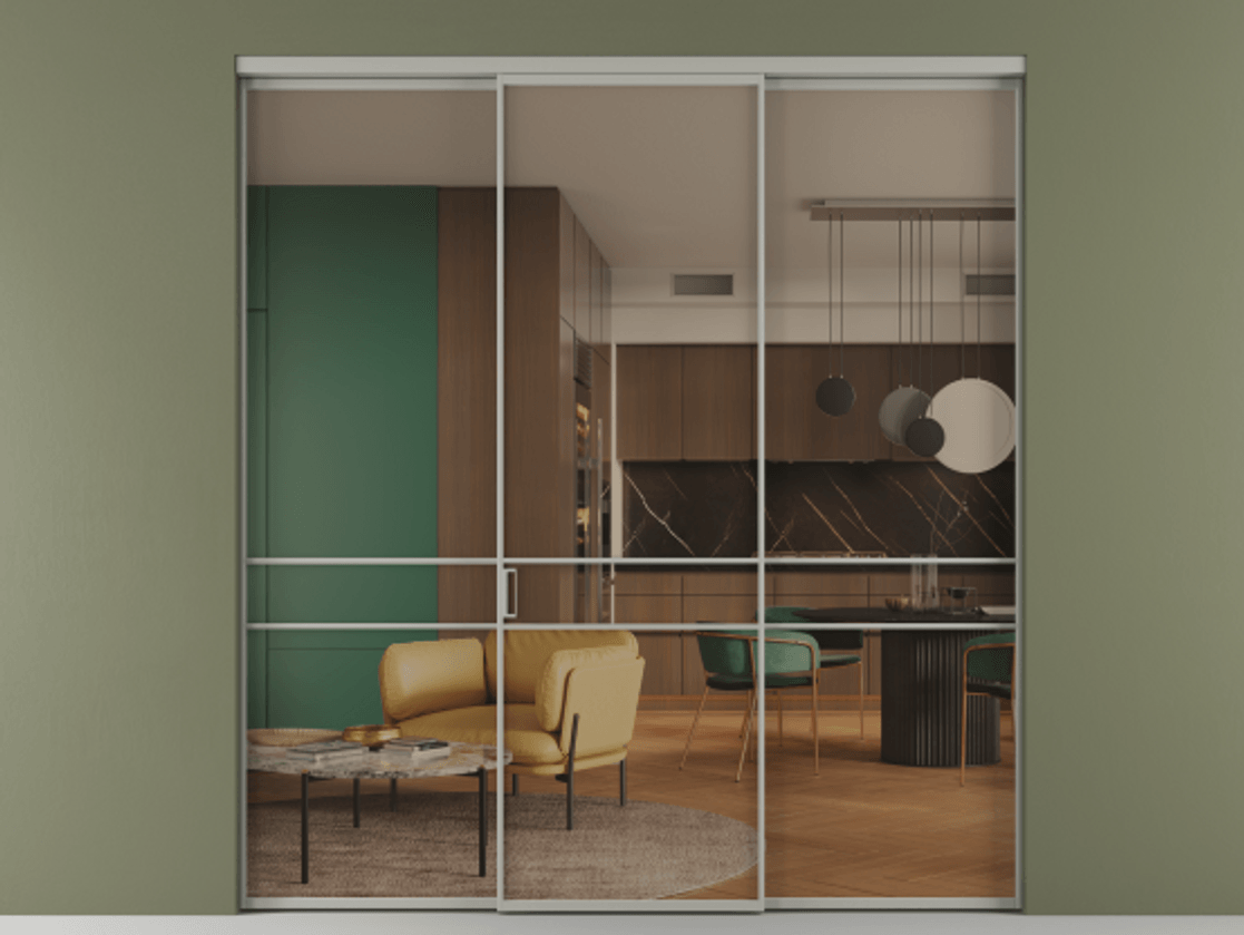 Перегородка Формато внутри проёма 3 створки АЛПР 040.02 Алюминий нейтральный серый Прозрачное бронзовое стекло, триплекс Цена 12370 AZE | Volhovec